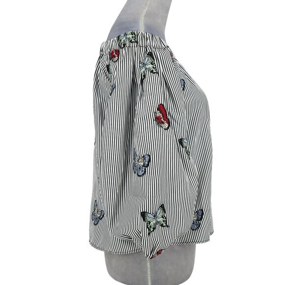 Zara Top Womens XS White Gray Stripe Blouse Embroidered Butterflies Whimsy Boho - Picture 13 of 16
